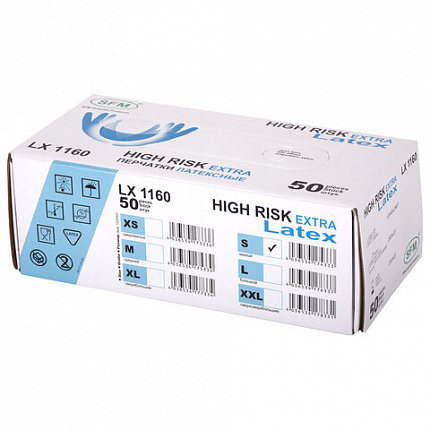 Перчатки латексные смотровые сверхпрочные SFM HIGH RISK LX 1160, Германия, 25 пар (50 штук), размер 6-7, S (малый)
