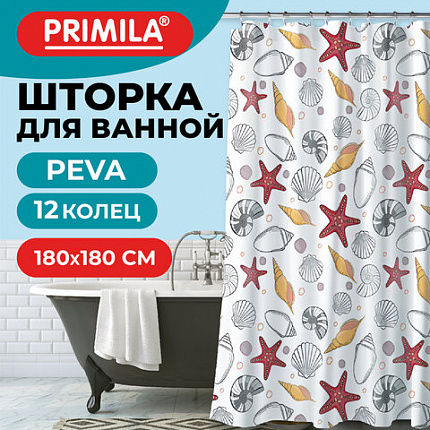 Шторка для ванной PEVA, 180х180 см, кольца в комплекте, дизайн ассорти, МОРЕ, PRIMILA (ПРИМИЛА), 700074