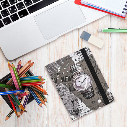 Блокнот с резинкой в клетку 96 л., МАЛЫЙ ФОРМАТ А6 (102х148 мм), твердая обложка, BRAUBERG, "Часы", 113737