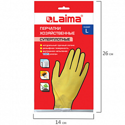 Перчатки МНОГОРАЗОВЫЕ латексные LAIMA "ПРЕМИУМ", хлопчатобумажное напыление, СВЕРХПЛОТНЫЕ, размер 8-9, L (большой), желтые, вес 65 г, 600272