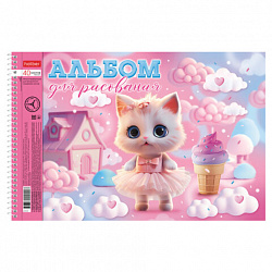 Альбом для рисования А4 40 л., спираль, металлизация + выборочный лак, HATBER, 198х300 мм, "Котики-зефирки" (4 вида), 085245, 40А4мтлВсп