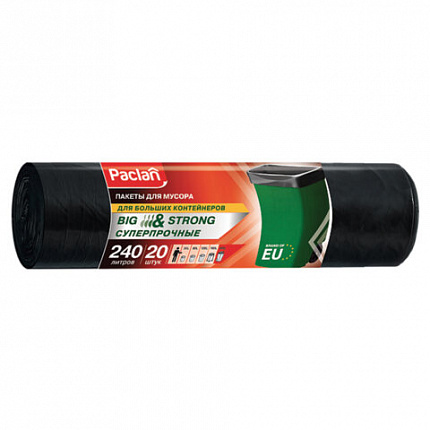 Мешки для мусора 240 л, черные, в рулоне 20 шт., ПВД, 35 мкм, 130х90 см, PACLAN "Big&Strong"