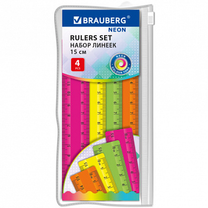 Линейки пластиковые 15 см неоновые BRAUBERG, НАБОР 4 штуки, непрозрачные, пенал, 210881