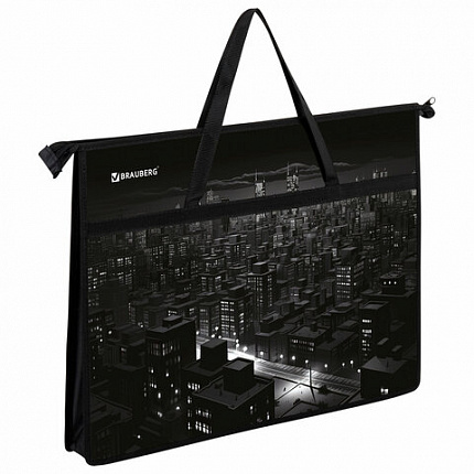 Папка для рисунков и чертежей с ручками BRAUBERG А3, пластик, молния сверху, "Night city", 273410