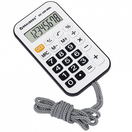 Калькулятор карманный со шнурком BRAUBERG DC-109-WBL (61x110 мм), 8 разрядов, БЕЛЫЙ/ЧЕРНЫЙ, 272643