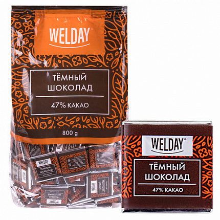 Шоколад порционный высшего качества WELDAY (ВЭЛДЭЙ) "Тёмный 47%", 800 г (160 плиток по 5 г), пакет, 622407