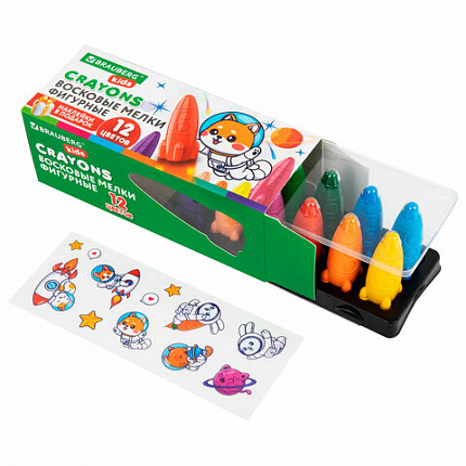 Восковые мелки фигурные BRAUBERG KIDS "РАКЕТА", НАБОР 12 цветов + НАКЛЕЙКИ В ПОДАРОК, 273082