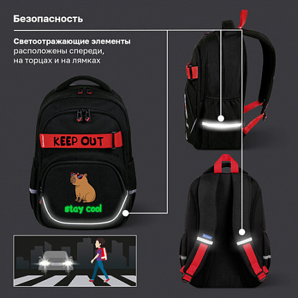 Рюкзак BRAUBERG MOTION, 2 отделения, 3 кармана, "Капибара", СВЕТЯЩИЙСЯ, 41х28х17 см, 272032