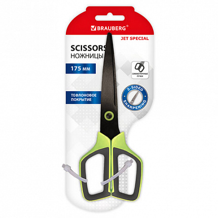 Ножницы BRAUBERG "JET Special", салатовые, 175 мм, 3-х сторонняя заточка, тефлоновое покрытие, 238851