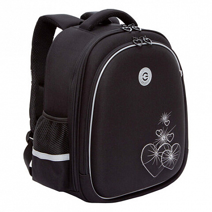 Ранец GRIZZLY анатомическая спинка, c брелоком, для девочек, "HEARTS", чёрный 36х28х20 см, RAz-586-5/1