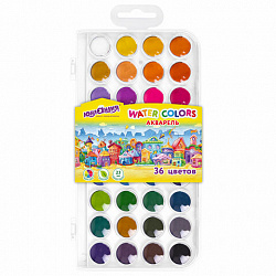 Краски акварельные ЮНЛАНДИЯ "ДОМИКИ", 36 цветов, круглые кюветы 23 мм, пенал, 192633