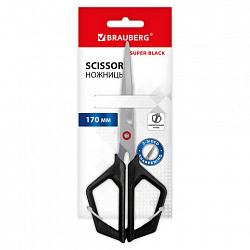 Ножницы BRAUBERG "Super black" 170 мм, черные, 3-сторонняя заточка, ручки из ABS-пластика, 238854