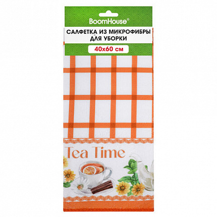 Салфетка из МИКРОФИБРЫ универсальная, 40х60 см, оранжевая клетка, орнамент, 240 г/м2, BOOMHOUSE (БУМХАУС), 700877