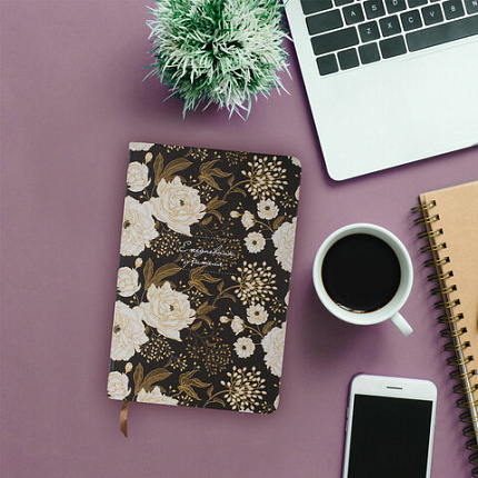 Ежедневник учителя специализированный А5 (215х145 мм) BRAUBERG, 144 л., кожзам, "Цветы на черном", 112707