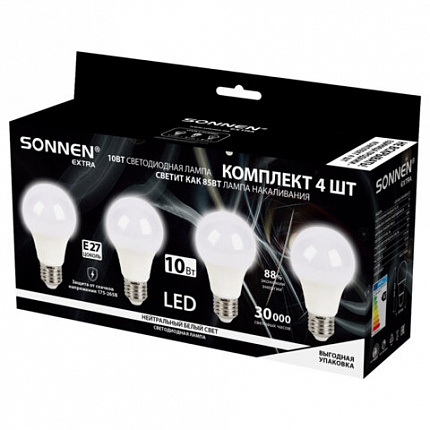 Лампа светодиодная SONNEN EXTRA, 10 (85) Вт, КОМПЛЕКТ 4 шт., Е27, нейтральный белый, 30000 ч, LED A60-10W-4000-Е27, 457893
