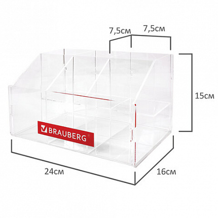 Подставка под письменные принадлежности BRAUBERG, 6 отделений, 15х24х16 см, оргстекло, 505923