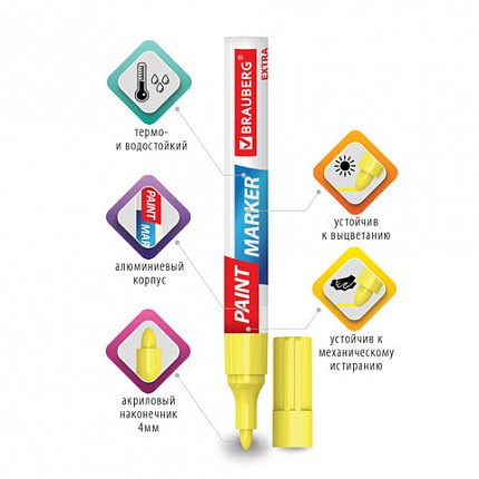 Маркер-краска лаковый EXTRA (paint marker) 4 мм, ЖЕЛТЫЙ, УСИЛЕННАЯ НИТРО-ОСНОВА, BRAUBERG, 151984