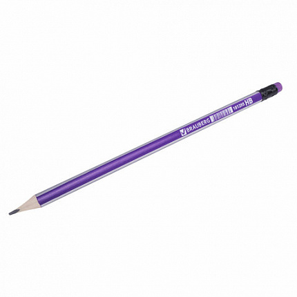 Карандаш чернографитный BRAUBERG, 1 шт., "Lines", HB, трехгранный, с ластиком, фиолетовый/серебристый, 181295
