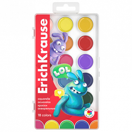 Краски акварельные ERICH KRAUSE "Jolly Friends", 18 цветов, пластиковый пенал, европодвес, 61367