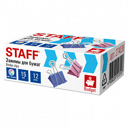 Зажимы для бумаг STAFF ECO, КОМПЛЕКТ 12 шт., 15 мм, на 45 листов, цветные, картонная коробка, 274036