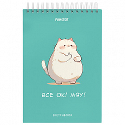 Скетчбук, белая бумага 100 г/м2, 140х201 мм, 60 л., гребень, жёсткая подложка, FUNSTER (ФАНСТЕР), АССОРТИ Funny pets, 116903