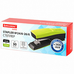 Степлер №24/6, 26/6 BRAUBERG "SUPER", до 30 листов, зелено-черный, 272741