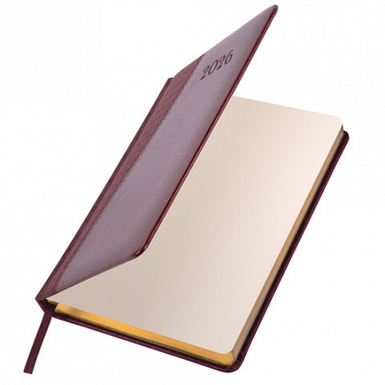 Ежедневник датированный 2026, А5, 138x213 мм, BRAUBERG "Cayman", под кожу, бордовый/коричневый, 117044