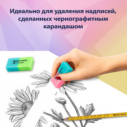 Набор ластиков BRAUBERG "Pastel Mix", 6 шт., цвета ассорти, 44х21х10 мм, экологичный ПВХ, 229597
