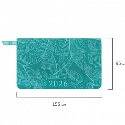 Еженедельник датированный 2026 МАЛЫЙ ФОРМАТ 95х155 мм, А6, BRAUBERG "Foliage", под кожу, бирюза, 117197