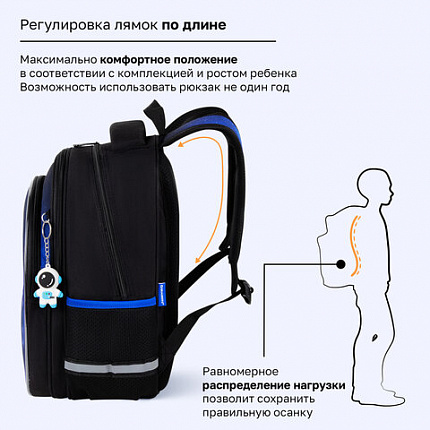 Рюкзак BRAUBERG OPTIMA, 2 отделения, с брелоком, "Храбрый астронавт", объемный дизайн, 36х27х18 см, 273159