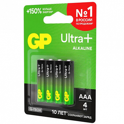 Батарейки КОМПЛЕКТ 4 шт., GP Ultra Plus G-Tech, AAA (LR03), алкалиновые, мизинчиковые, 24AUPA21-2CRSB4