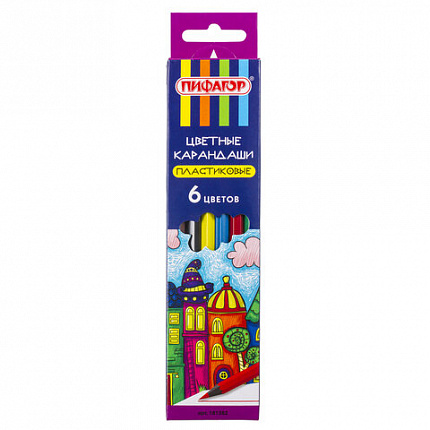 Карандаши цветные ПИФАГОР "СКАЗОЧНЫЙ ГОРОД", 6 цветов, черный пластик, заточенные, 181582