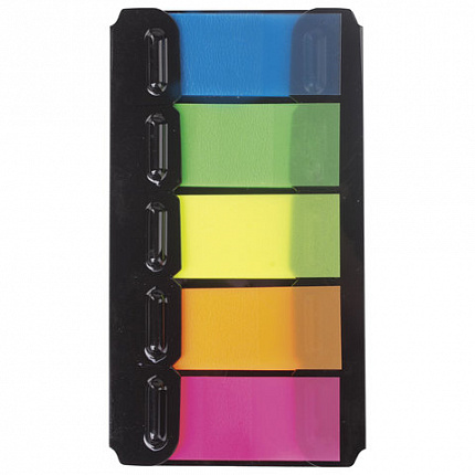 Закладки клейкие неоновые BRAUBERG, 48х20 мм, 100 штук (5 цветов х 20 листов), в пластиковом диспенсере, 122733