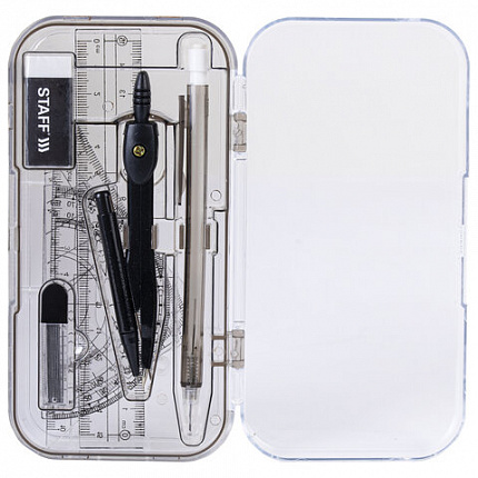 Готовальня STAFF "College" 9 предметов: циркуль 120 мм, чертежные принадлежности, механический карандаш, пластиковый пенал, 210863