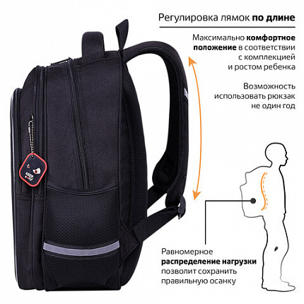 Рюкзак BRAUBERG OPTIMA, 2 отделения, с брелоком, "Держись подальше", СВЕТЯЩИЙСЯ, 36х27х18 см, 271361
