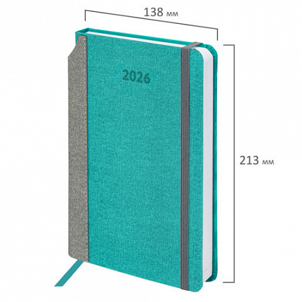 Ежедневник датированный 2026 А5 138x213 мм, BRAUBERG "Mosaic", под кожу, держатель для ручки, бирюза, 117110