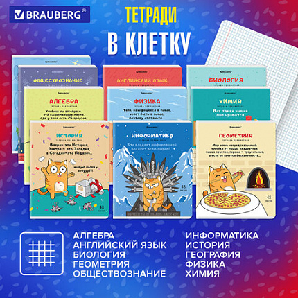 Тетради предметные, КОМПЛЕКТ 12 ПРЕДМЕТОВ, 48 л., TWIN-лак, BRAUBERG, "КОТ-ЭНТУЗИАСТ", 404609