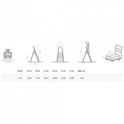 Стремянка алюминиевая 5 ступеней, высота площадки 1,04м, дуга безопасности 0,6м, площадка 26х26см, до 150кг, вес 4кг, НОВАЯ ВЫСОТА, 1110105