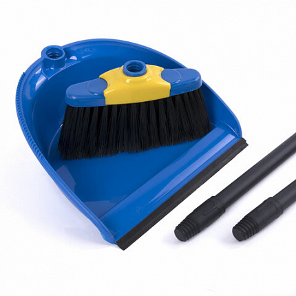 Совок для мусора КОМПЛЕКТ щетка + 2 рукоятки по 80 см с резьбой, пластиковые, "ЛЕНИВКА XL", синий, LAIMA, 608212