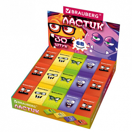 Ластик BRAUBERG CUTE MONSTERS, 50х24х10 мм, прямоугольный, цвета ластика ассорти, эко-пвх, картонный держатель, 273236