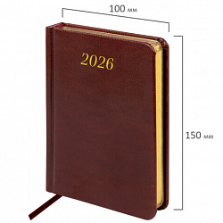 Ежедневник датированный 2026, МАЛЫЙ ФОРМАТ 100х150 мм, А6, BRAUBERG "Iguana", под кожу, коричневый, 117253