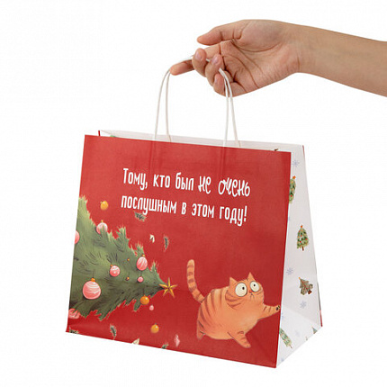 Пакет подарочный (1 штука), новогодний, 28х14х24 см "Котики", крафт, ассорти, ЗОЛОТАЯ СКАЗКА, 592433