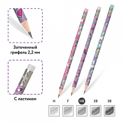 Карандаш чернографитный ЮНЛАНДИЯ "ЕДИНОРОГИ", 1 шт., HB, с ластиком, корпус ассорти, 181780