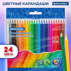 Карандаши цветные BRAUBERG, 24 цвета, цветной корпус, ПВХ-бокс, шестигранные, 182068