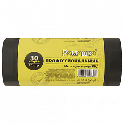 Мешки для мусора 30 л, черные, в рулоне 20 шт., ПНД 10 мкм, 48x57,5 см, РОМАШКА ПРОФИ ПФ-30/20/30