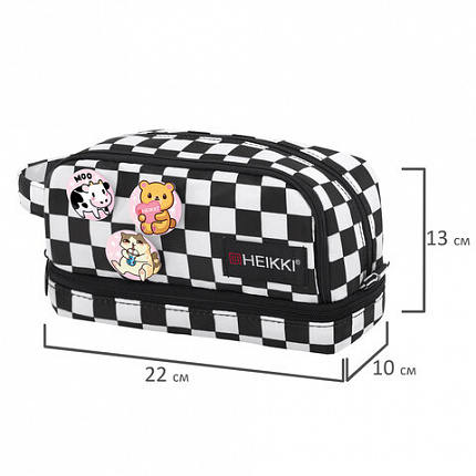 Пенал-органайзер HEIKKI (ХЕЙКИ) с ручкой, значки, 2 отделения, откидная планка, 22x13х10 см, "Black&White", 273601