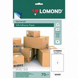 Этикетка самоклеящаяся 210х297 мм, 1 этикетка, белая, 70 г/м2, 50 листов, LOMOND, 2100005