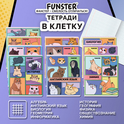 Тетради предметные, КОМПЛЕКТ 12 ПРЕДМЕТОВ, 48 л., TWIN-лак, FUNSTER (ФАНСТЕР), МЕМНЫЕ КОТЫ, 405604