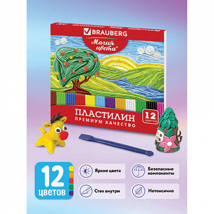 Пластилин классический BRAUBERG "МАГИЯ ЦВЕТА", 12 цветов, 240 г, со стеком, высшее качество, картонная упаковка, 103357
