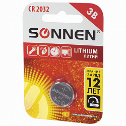 Батарейка литиевая SONNEN Lithium CR2032 "таблетка, дисковая, кнопочная" 1 шт., блистер, 451974